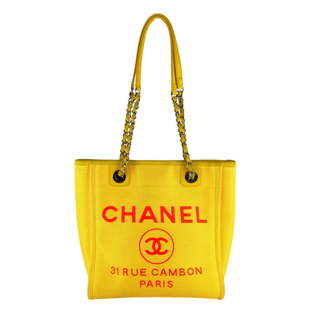Chanel CHANEL Deauville PM Canvas Handbag, Yellow/Pink, Women's, z10339